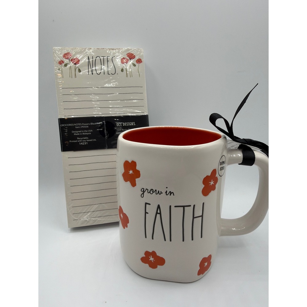 Rae Dunn Grow In Faith Floral Mug & Notes Notepad Set Christian Gift NWT